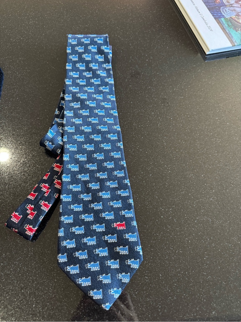 Keith Haring   Navy Blue Patterned Silk Tie with Light Blue Motif